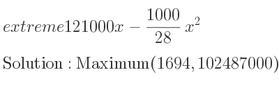 The extreme 121000x-1000/28 x^2 is Maximum(1694,102487000)